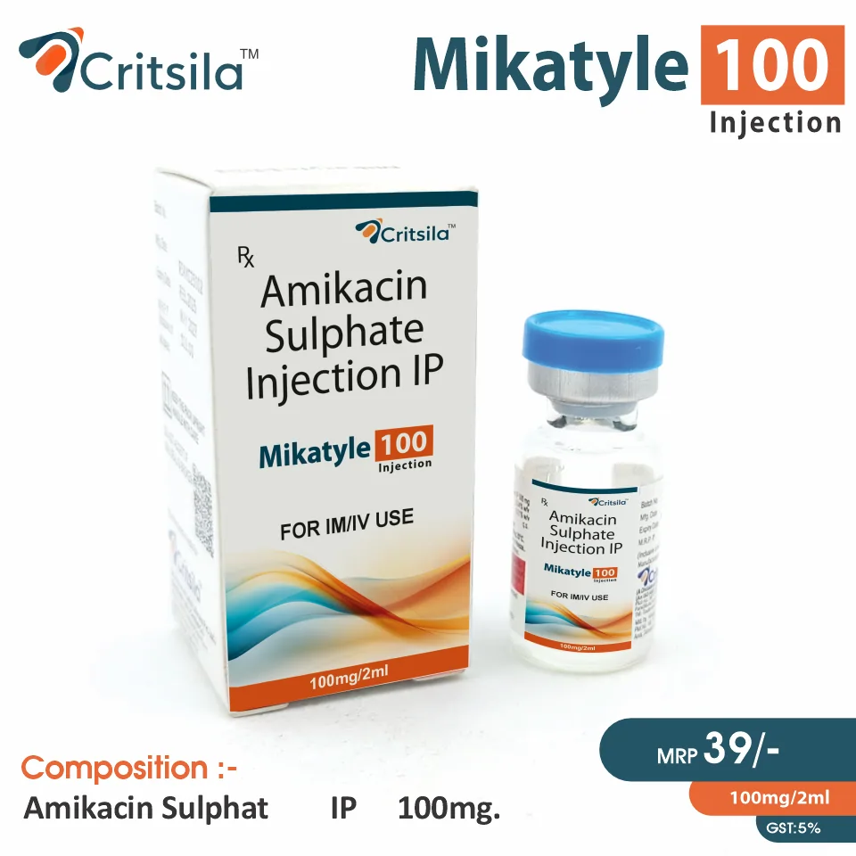 Amikacin (100mg) Injection at Best Price in PCD Pharma Franchise for Antibiotic Use and Bacterial Infection Treatment.